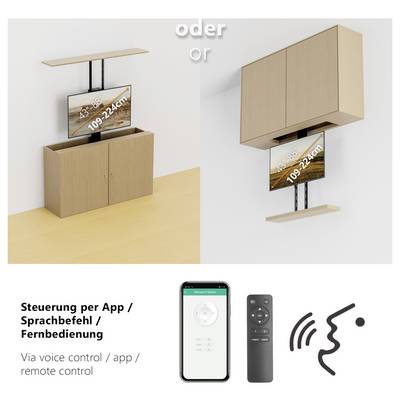 Fernseher mit verstellbarer Höhe zwischen 109-224 cm für Schrank- und Deckenhalterung. Steuerbar per App, Sprachbefehl oder Fernbedienung.