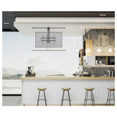 Eine moderne Küche mit weißer Terrazzo-Insel, Holzhockern, Pendelleuchten und einem Bergblick durch große Fenster.