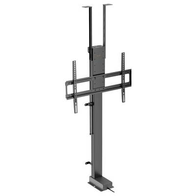 Fernseher-Wandhalterung mit verstellbarer Höhe, Doppelarm und Halterung für Flachbildschirm-Fernseher. Dunkle Metalloberfläche und Kabelverwaltung inklusive.