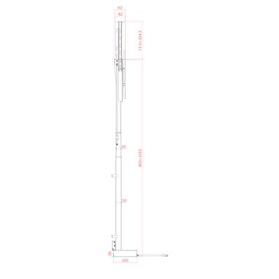 Seitenansicht einer technischen Zeichnung einer hohen, schlanken Struktur mit in Rot beschrifteten Abmessungen. Gesamthöhe beträgt 912-2094 mm, untere Grundfläche misst 205 mm.