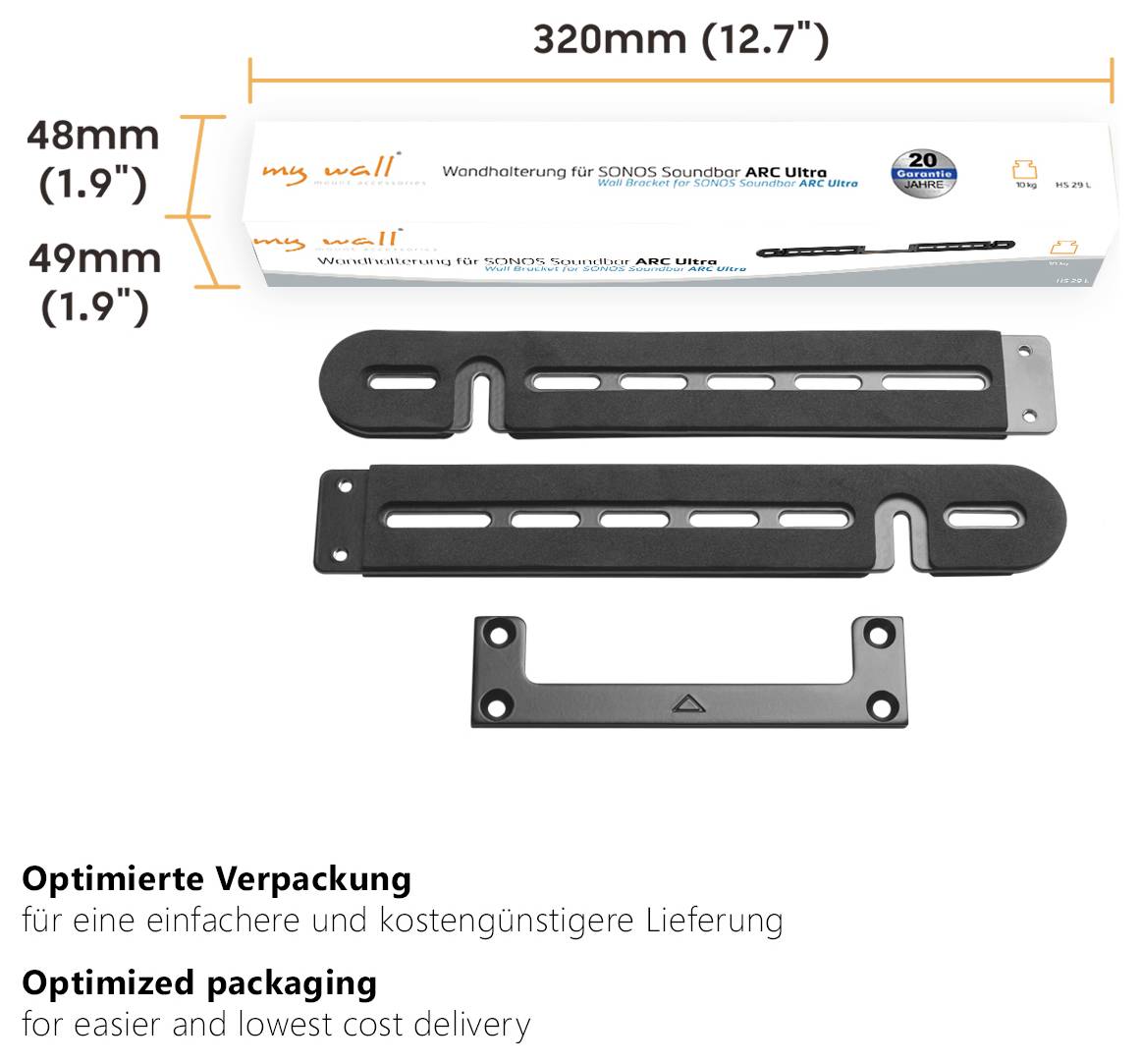 'Sonos Soundbar ARC Ultra' Wandhalterungsset, inklusive detaillierter Verpackungsabmessungen und zwei schwarzer Halterungen.