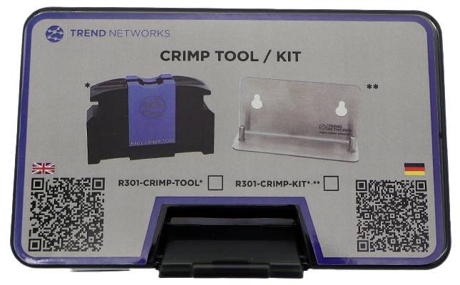 Trend Networks Crimp Tool Kit-Koffer mit QR-Codes und Sprachauswahl-Flaggen. Enthält Crimpzange und Zubehörset.