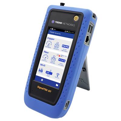 Ein tragbares Gerät mit einem Bildschirm, der Netzwerktestoptionen wie ‚Kupfer', ‚Glasfaser' und ‚WLAN' anzeigt. Es hat ein blaues Gehäuse.