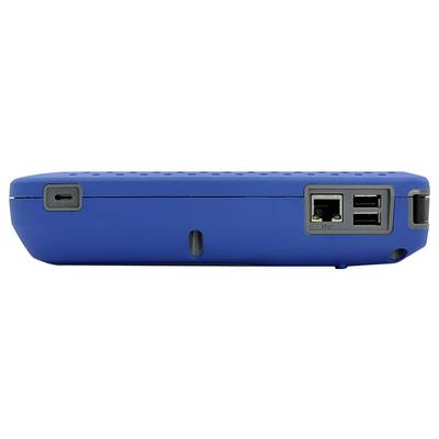 Ein blaues elektronisches Gerät mit Ethernet- und USB-Anschlüssen, entwickelt für Netzwerkverbindungen und Datenübertragung.