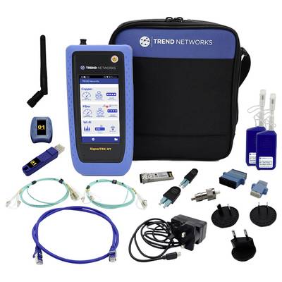 'Trend Networks SignalTEK CT' Kit einschließlich Netzwerktester, Zubehör, Kabeln und Transporttasche zur Netzwerkleistungsprüfung.