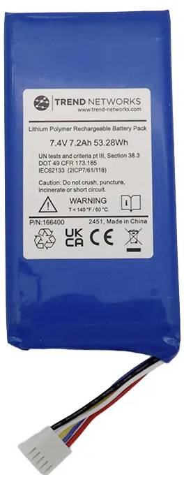 Ein blauer Lithium-Polymer-Akkupack, beschriftet mit Spezifikationen: ‚7,4V 7,2Ah 53,28Wh', zusammen mit Sicherheitswarnungen und Herstellungsdetails.