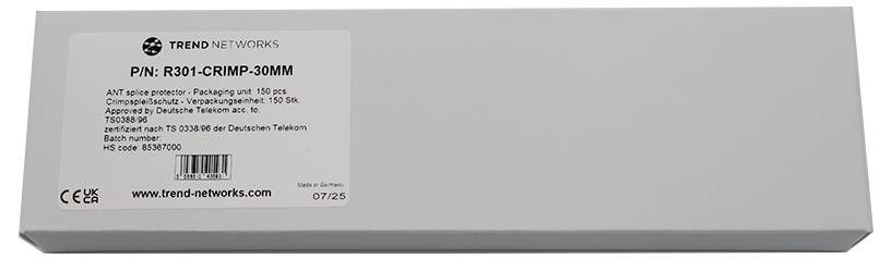 Eine weiße Box mit einer Beschriftung mit dem Text 'Trend Networks' und Produktdetails, einschließlich P/N: R301-CRIMP-30MM, 07/25, und einem Website-Link.