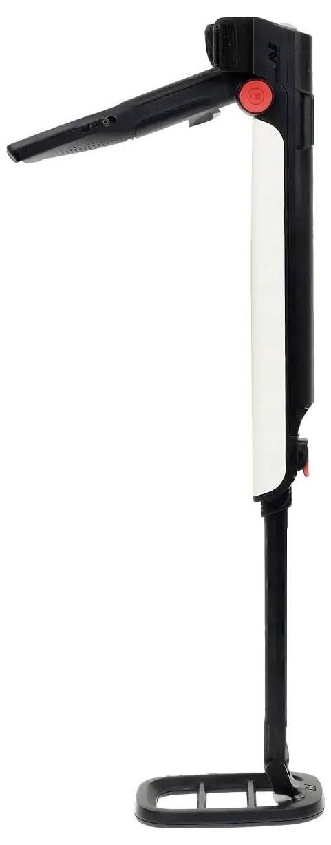 Ein schlanker schwarzer und weißer Desktop-Scanner mit verstellbarem Arm und Fuß, entwickelt für das Scannen von Dokumenten und Präsentationen.