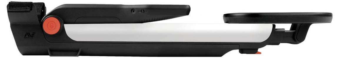 Ein schwarz-silberner Fahrradschloss mit einem orangefarbenen Knopf, der ein U-Bügel-Design zur sicheren Befestigung aufweist.