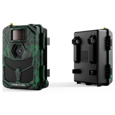 Vorder- und Rückansicht einer grün-getarnten Outdoor-Kamera mit Befestigungselementen, beschriftet mit „CAM@UFLAGE".