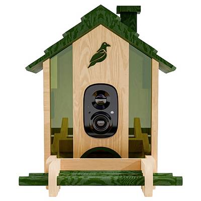 Ein hölzerner WLAN-Vogelfutterspender mit einer Kamera in der Mitte, entwickelt zum Aufnehmen von Bildern von Vögeln, die ihn besuchen. Mit grünen Akzenten verziert und mit einem hockenden Vogel-Symbol versehen.