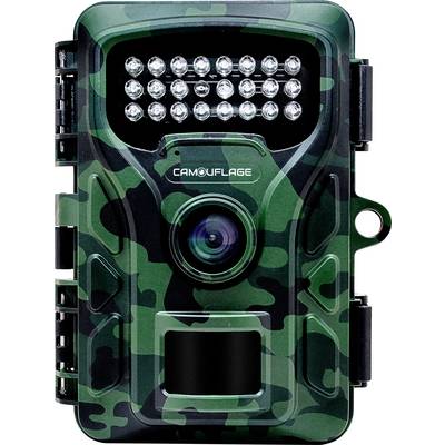 Tarngemusterte Wildkamera mit Objektiv und LED-Lichtarray, entwickelt für Wildbeobachtung und Überwachung im Freien.