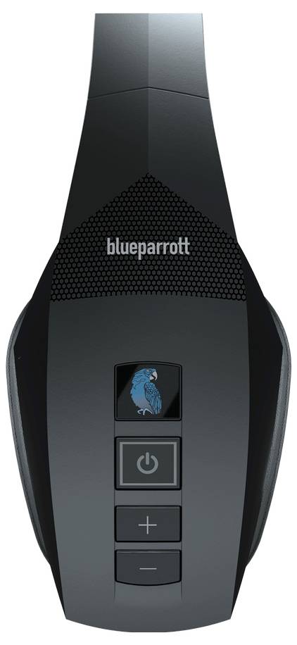 Ein schwarzes Headset-Ohrhörer mit 'blueparrott' Logo, ausgestattet mit Energie- und Lautstärkeregelungstasten.