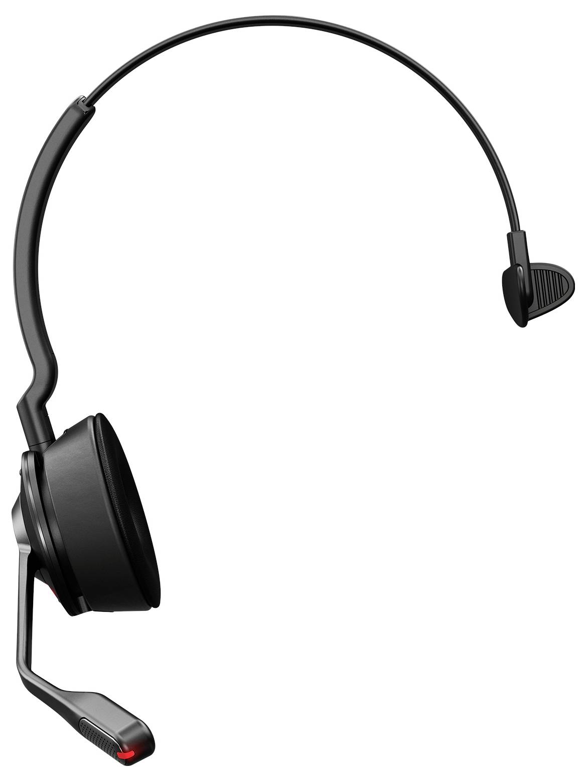 Ein schlankes schwarzes drahtloses Headset mit einem einzelnen Ohrpolster und einem angebrachten Mikrofonarm, entwickelt für klare Audiokommunikation.