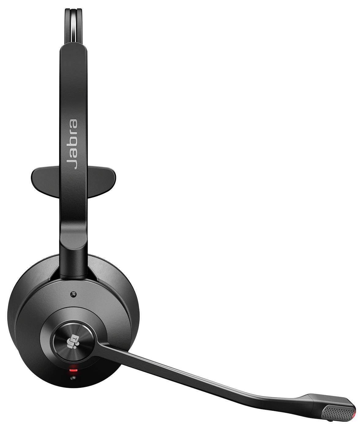 Ein schwarzes Jabra-Headset mit einem vertikal positionierten Mikrofonbügel.