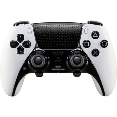 Ein schwarzer und weißer Videospiel-Controller mit Tasten, die mit Symbolen gekennzeichnet sind.