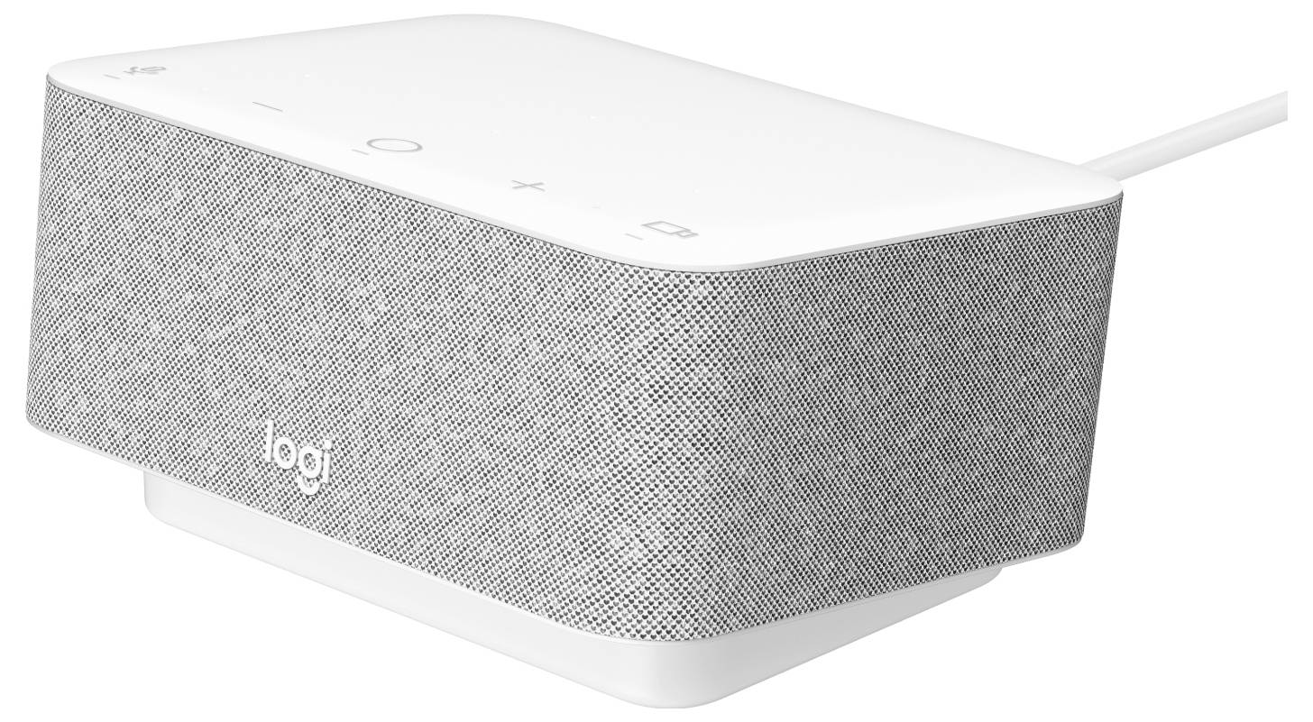 Logitech-Marke weiß-grauer Desktop-Lautsprecher mit Bedienungstasten oben.