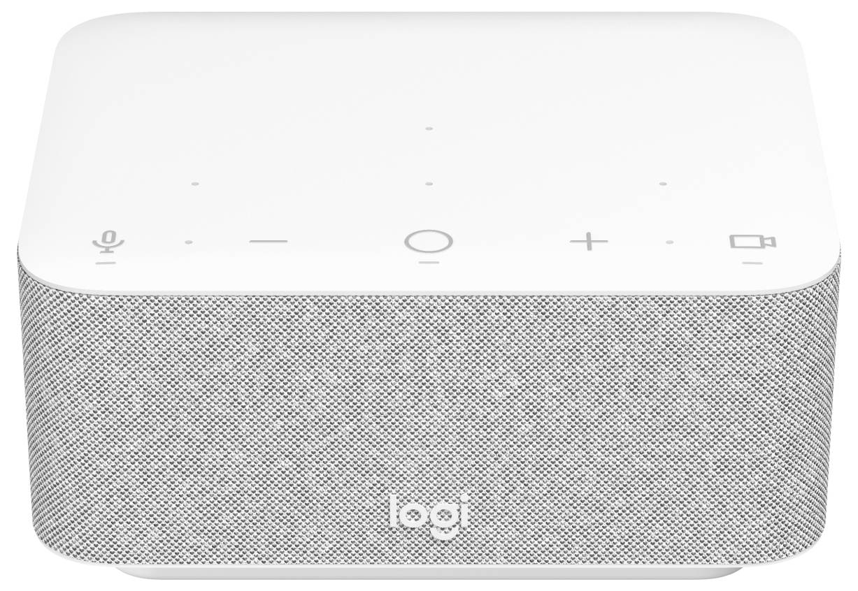 Ein weißer Smart Speaker mit Steuerungssymbolen an der Oberseite für Mikrofon, Lautstärke und Video, ausgestattet mit einer Mesh-Lautsprecherblende und minimalistischem Design.