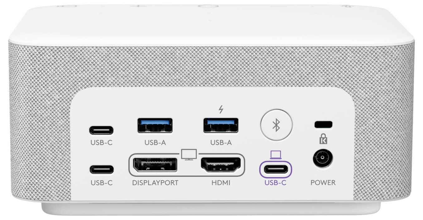 Rückansicht einer Dockingstation mit zwei USB-C-Anschlüssen, zwei USB-A-Anschlüssen, DisplayPort, HDMI-Anschluss, USB-C-Stromeingabe und einem Einschalter.