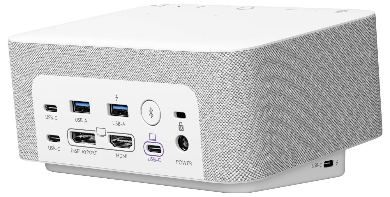 Ein kompakter Computer-Hub mit mehreren Anschlüssen: USB-C, USB-A, HDMI, DisplayPort und Netzschalter. Beschriftet mit 'Bluetooth' und 'Power'.