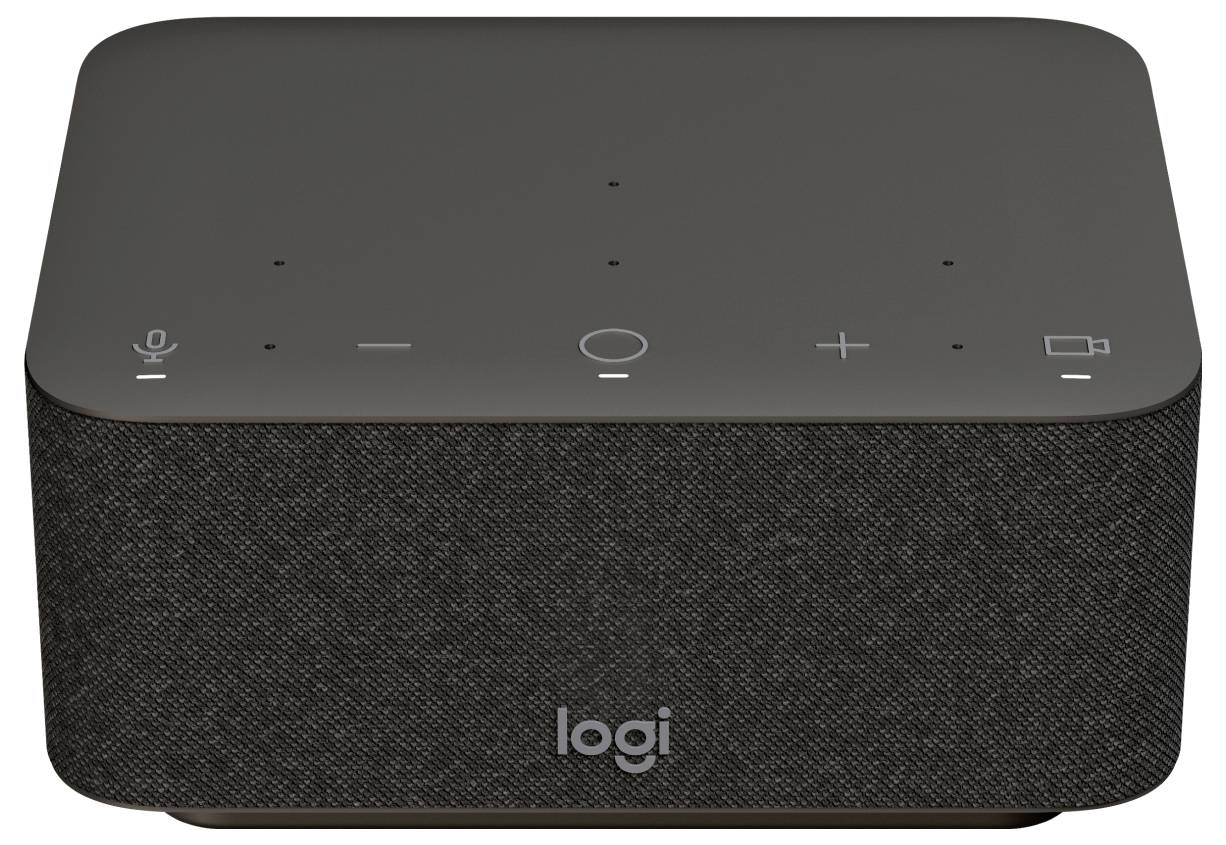 Ein schwarzer Smart Speaker mit Stoffbezug und Bedienungselementen an der Oberseite, einschließlich Lautstärke-, Mikrofon- und Anrufknöpfen. Die Marke 'logi' ist sichtbar.