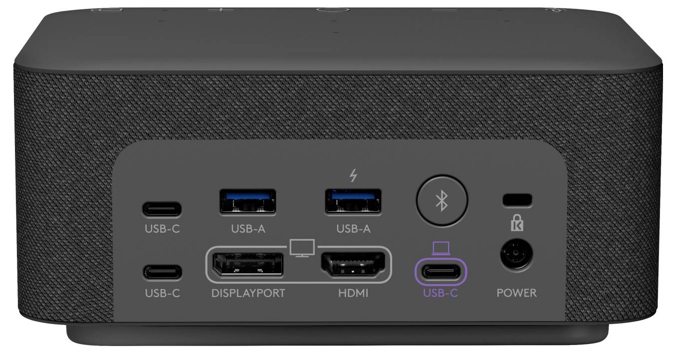 Ein schwarzer rechteckiger Hub mit mehreren Anschlüssen, einschließlich USB-C, USB-A, DisplayPort, HDMI, einer Bluetooth-Taste und Stromanschluss auf der Rückseite.