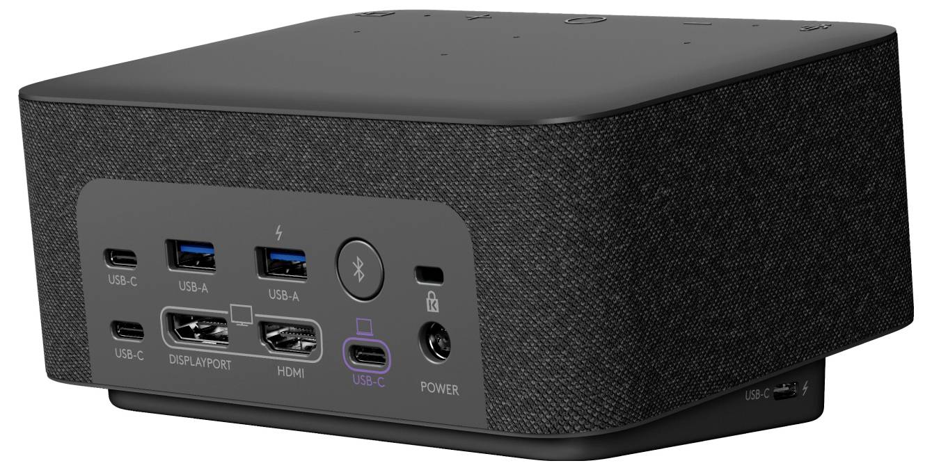 Ein schwarzer rechteckiger USB-Dockingstation mit mehreren Anschlüssen, einschließlich USB-C, USB-A, DisplayPort, HDMI und Powerknopf, auf einem grauen Frontpanel.