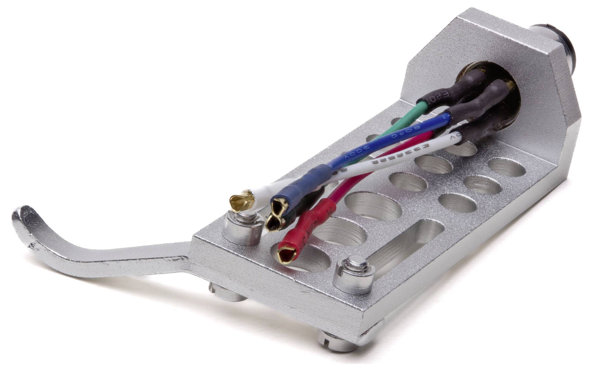 Eine Metallplattenteller-Tonarmschwinge mit freiliegenden farbigen Kabeln, die zum Anbringen einer Plattenspieler-Nadel und Tonabnehmerpatrone verwendet wird.