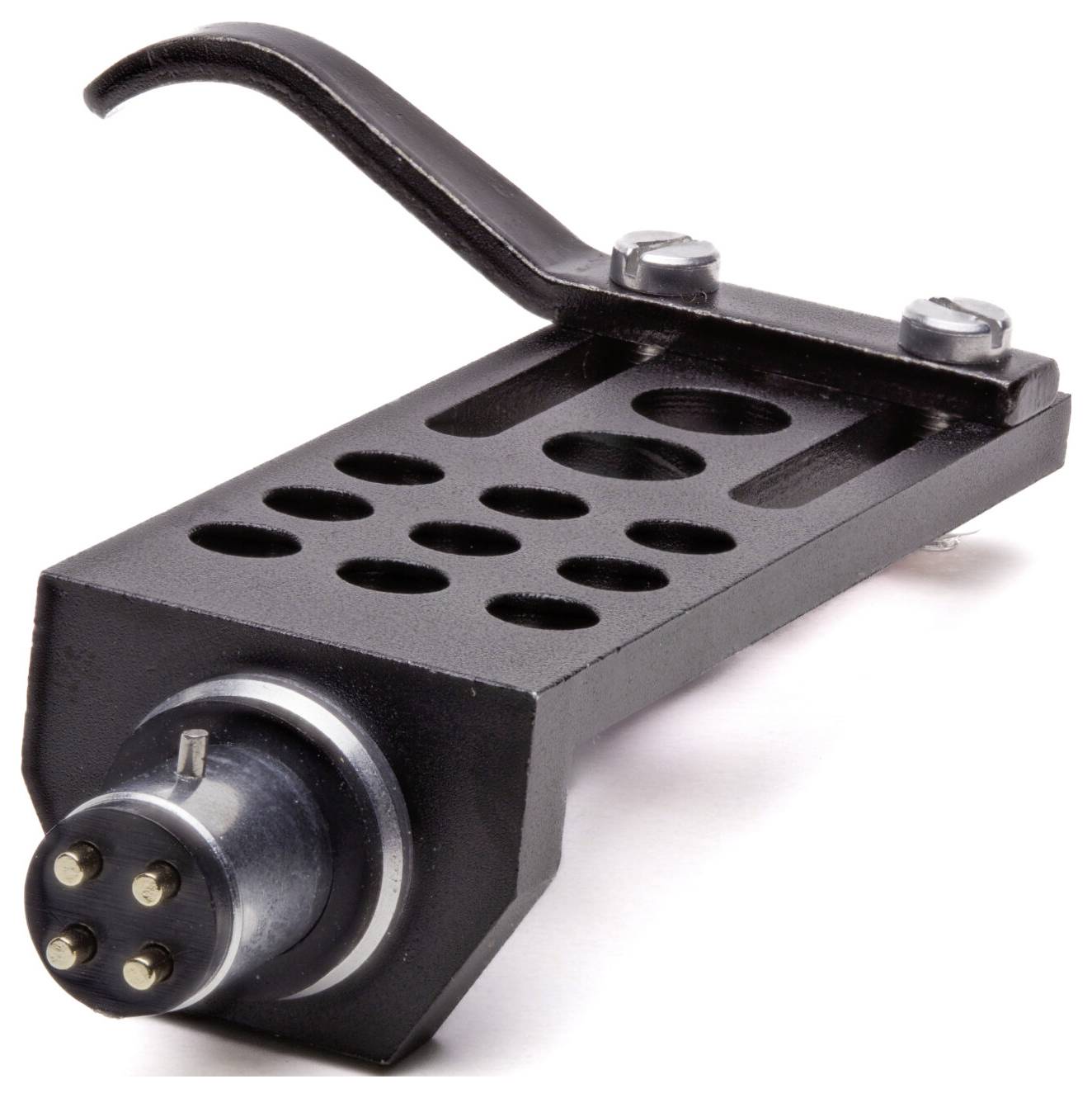 Eine schwarze Plattenspieler-Kopfschale mit einem metallischen Tonarmanschluss und kreisförmigem Ausschnittdesign, die zur Befestigung einer Tonabnehmernadel für Schallplatten verwendet wird.