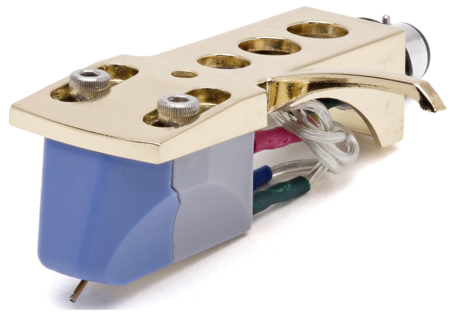 Eine goldfarbene Plattenspieler-Tonabnehmereinheit mit angeschlossenen Kabeln, die zum Abspielen von Schallplatten verwendet wird.