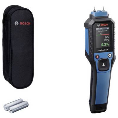 Ein Bosch-Feuchtigkeitsmessgerät mit Transportkoffer. Das Gerät zeigt ein digitales Display, das Feuchtigkeitswerte anzeigt, inklusive Batterien.