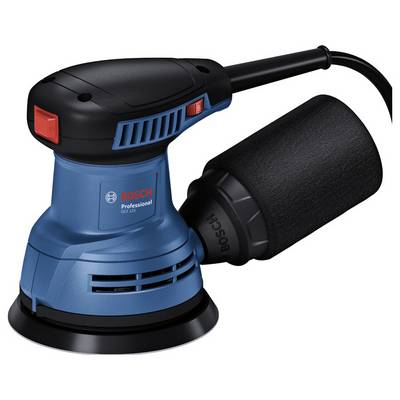 Eine blaue und schwarze Bosch Professional Exzenterschleifmaschine mit großem Staubabsaugsystem, konzipiert für glatte Oberflächen.