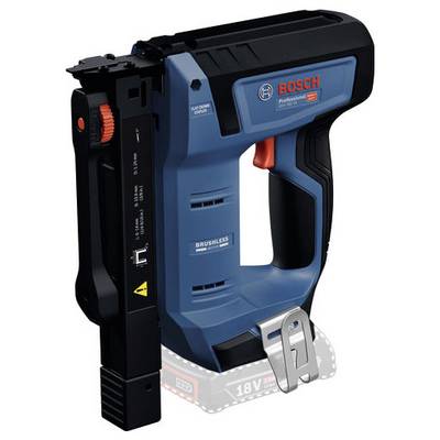 Eine Bosch-Akku-Tacker in Blau und Schwarz mit 18V, bürstenlos, ausgestattet mit einer Metallgürtelklammer und sichtbarer Markierung, konzipiert für professionellen Einsatz.