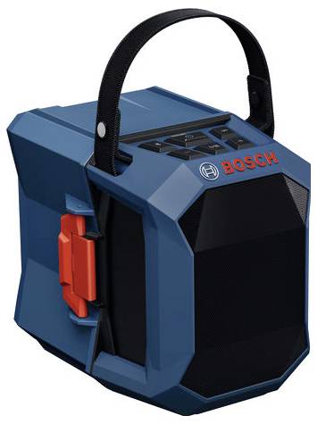 Ein tragbarer blauer Lautsprecher mit einem schwarzen Griff und roten Tasten mit der Aufschrift "BOSCH" auf der Frontseite, entwickelt für den Einsatz im Freien.