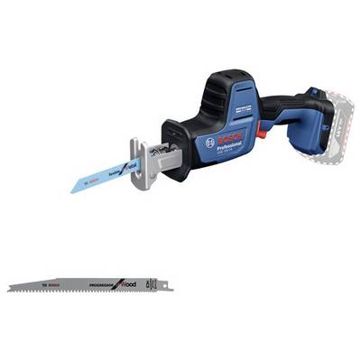 Eine Bosch Akku-Säbelsäge mit blau-schwarzem Design, die eine scharfe Metallklinge zeigt, geeignet zum Schneiden von Holz und Metall.