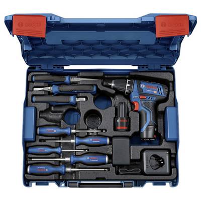Ein Werkzeugkoffer mit einer Bosch-Elektrobohrmaschine, Akku, Ladegerät und verschiedenen Handwerkzeugen, die ordentlich in einem robusten Kunststoffkoffer angeordnet sind.