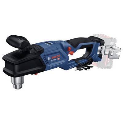 Eine blaue und schwarze Bosch Akku-Winkelbohrmaschine mit sichtbarem Bohrfutter, ergonomischem Griff und Akkuschacht. Entwickelt für kompakte Räume.