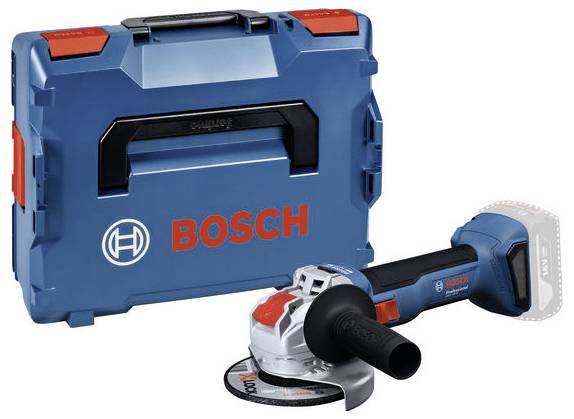 Blaues Bosch-Elektrowerkzeug-Set mit einem rechteckigen Transportkoffer und einer Winkelschleifmaschine.