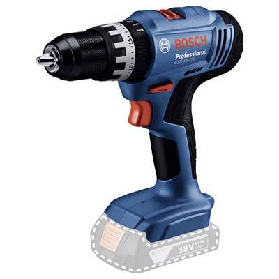 Eine blaue kabellose Bosch-Bohrmaschine mit verstellbarem schwarzem Bohrfutter und rotem Auslöser. Die Basis zeigt einen Haltebereich für den 18-V-Akku.