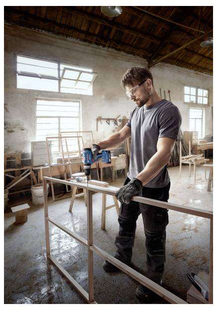 Ein Mann in einer Werkstatt benutzt eine Bohrmaschine an einem Holzrahmen. Er trägt Schutzbrille und Handschuhe. Sonnenlicht strömt durch große Fenster.