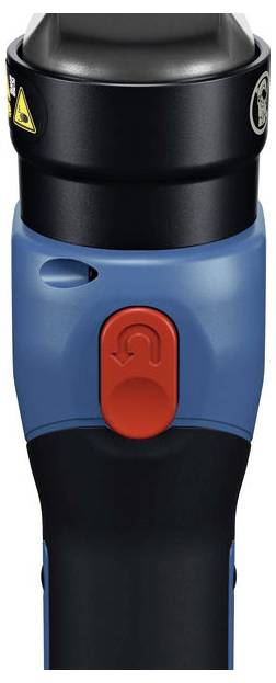 Blaues und schwarzes Handwerkzeug mit einem roten Knopf und einem Sicherheitswarnaufkleber.