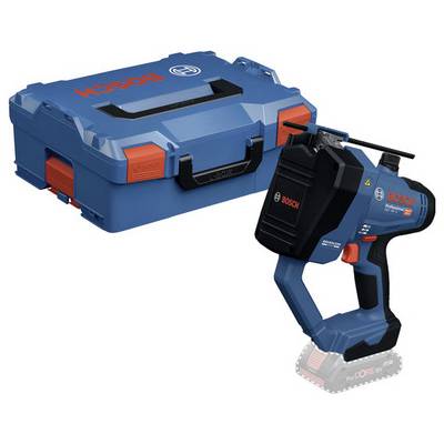 Ein blauer Bosch Professional Akku-Werkzeug mit Griff, begleitet von einem passenden Aufbewahrungskoffer mit roten Akzenten.