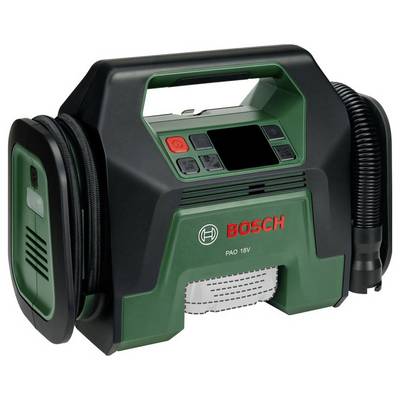 Ein grüner Bosch PAO 18V tragbarer Luftkompressor mit digitaler Anzeige und Schlauchanschlüssen, geeignet zum Aufpumpen von Reifen oder anderen Gegenständen.