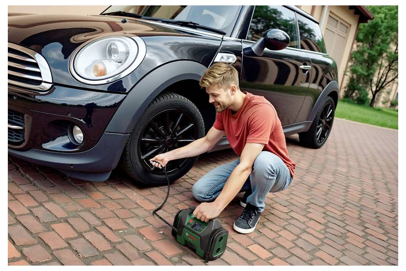 Ein Mann in einem roten Hemd kniet auf einer Ziegeleinfahrt und verwendet einen Kompressor, um den vorderen Reifen eines geparkten schwarzen Autos aufzupumpen.
