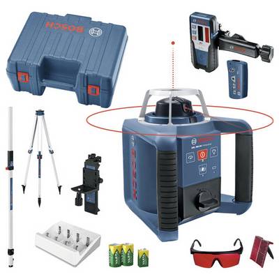 Bosch Rotationslaser-Set: Umfasst Laser, Stativ, Empfänger, Fernbedienung, Koffer und Zubehör für Nivellierungs- und Ausrichtungsaufgaben.
