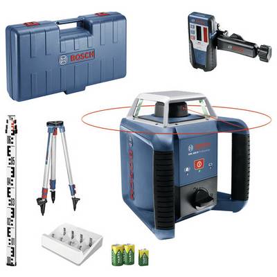 Laser-Nivellierungsset mit einem Bosch-Rotationslaser, Transportkoffer, Stativ, Nivellierlatte, Fernbedienung, Batterien und Zielplatte. Ideal für präzise Nivellierungsaufgaben.