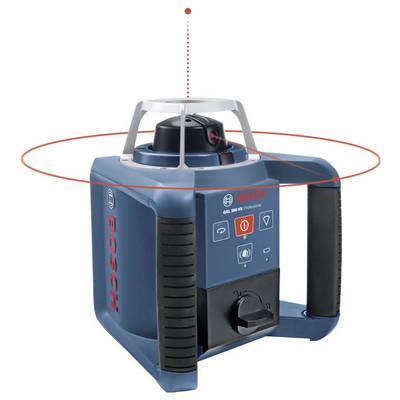 Ein Bosch-Rotationslaser mit Doppelgriffen sendet eine horizontale rote Linie aus und wird für Ausrichtungs- und Nivellierungsaufgaben in der Bau- und Vermessungsindustrie verwendet.