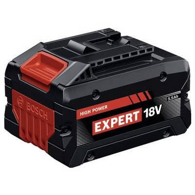 Ein schwarzer und roter Bosch Expert 18V Akku mit 'High Power' und '5,5Ah' Etiketten, die seine Leistungskapazität und Markenidentität anzeigen.