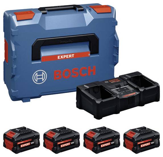 Bosch Werkzeugset mit blauem Hartschalenkoffer, beschriftet mit 'Expert' und 'Bosch', sechs schwarze 18V-Akkus und einem Dual-Ladegerät.