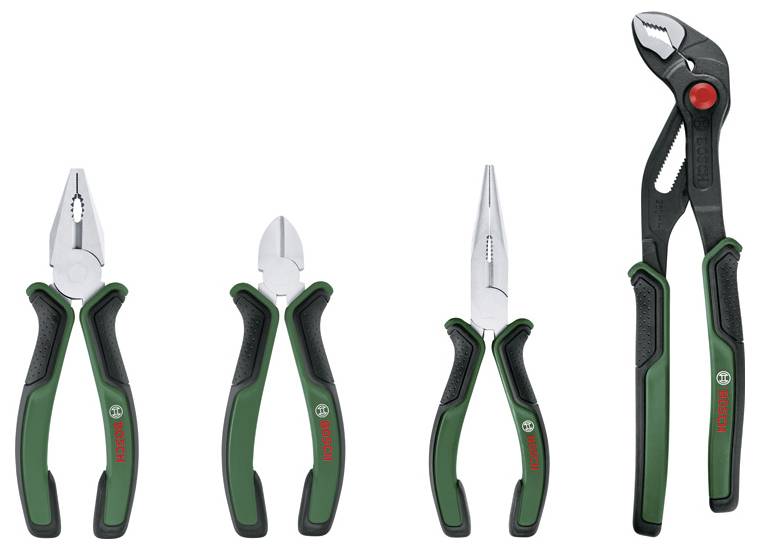 Verschiedene Handwerkzeuge, darunter Spitzzangen, Seitenschneider und Gleitmaulzangen, mit grünen und schwarzen Griffen nebeneinander angeordnet.